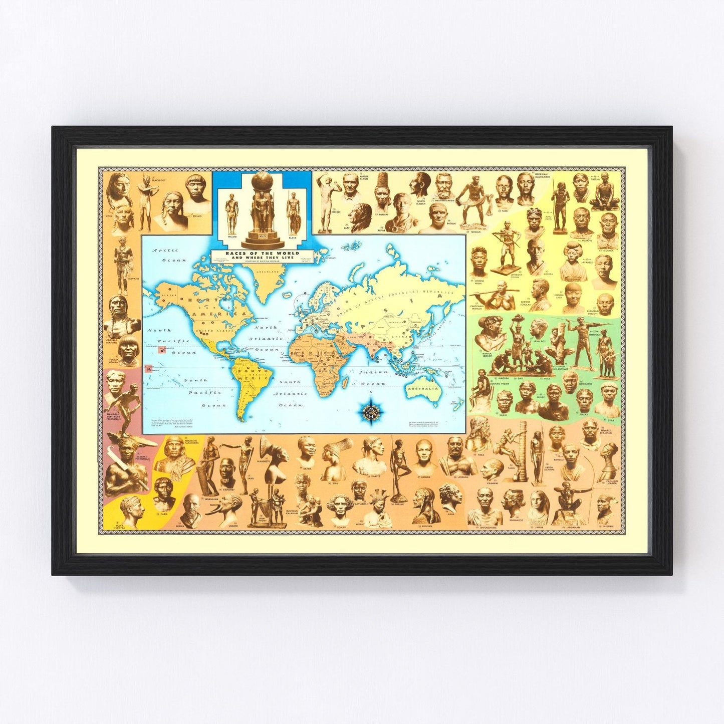 Vintage 1944 world map showing ethnographic distribution of peoples, restored print