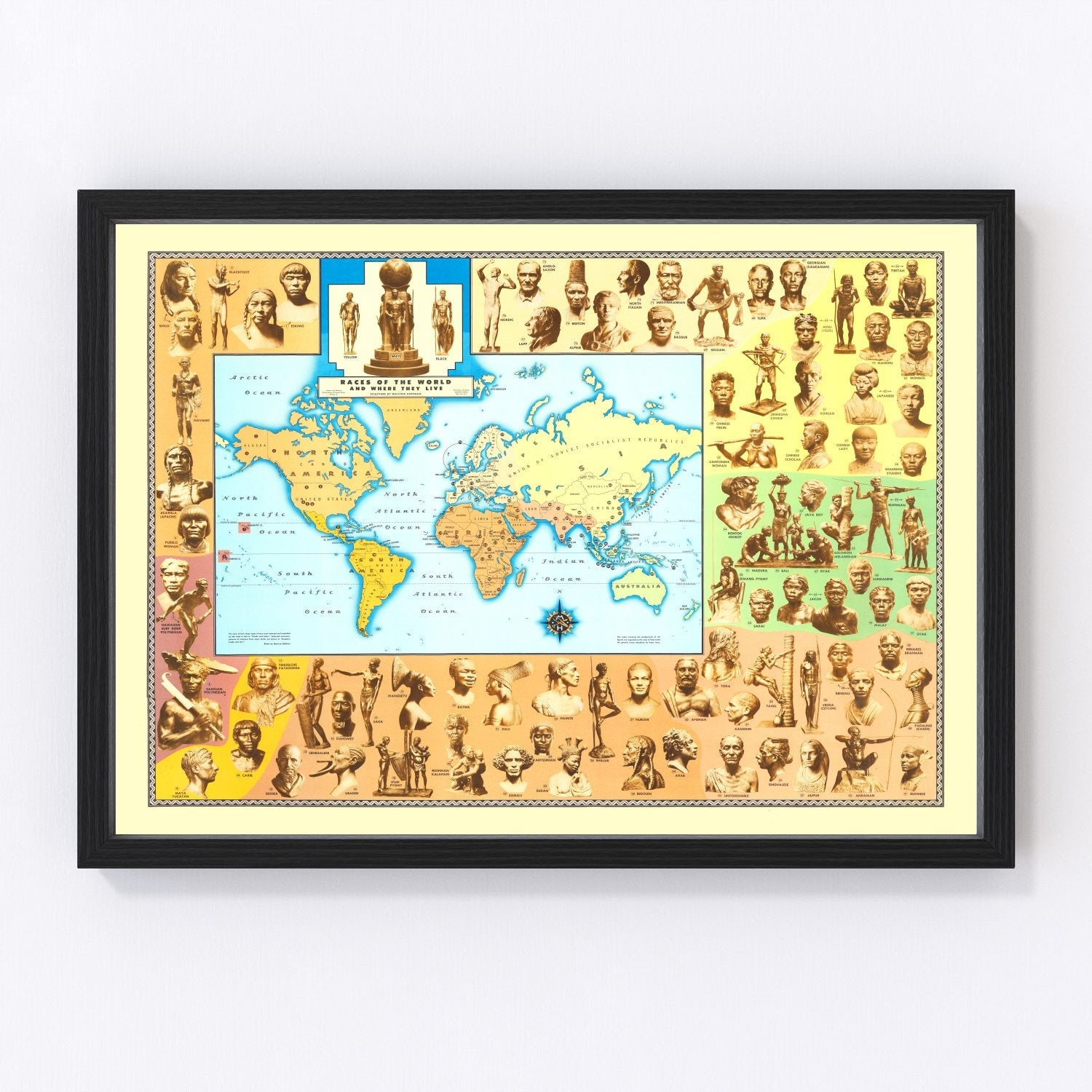 Vintage 1944 world map showing ethnographic distribution of peoples, restored print