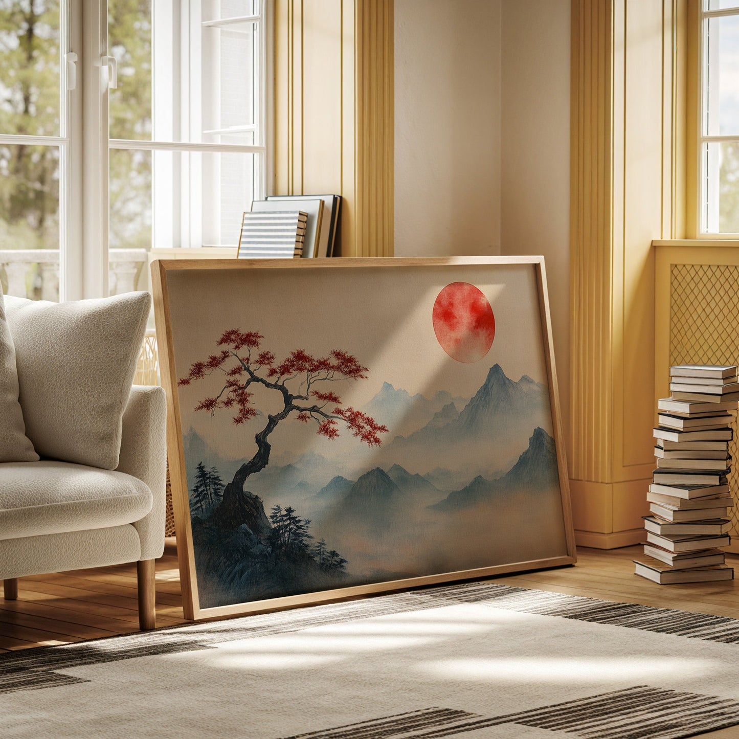 Japanese Red Sun and Bonsai Mountain Wall Art Print