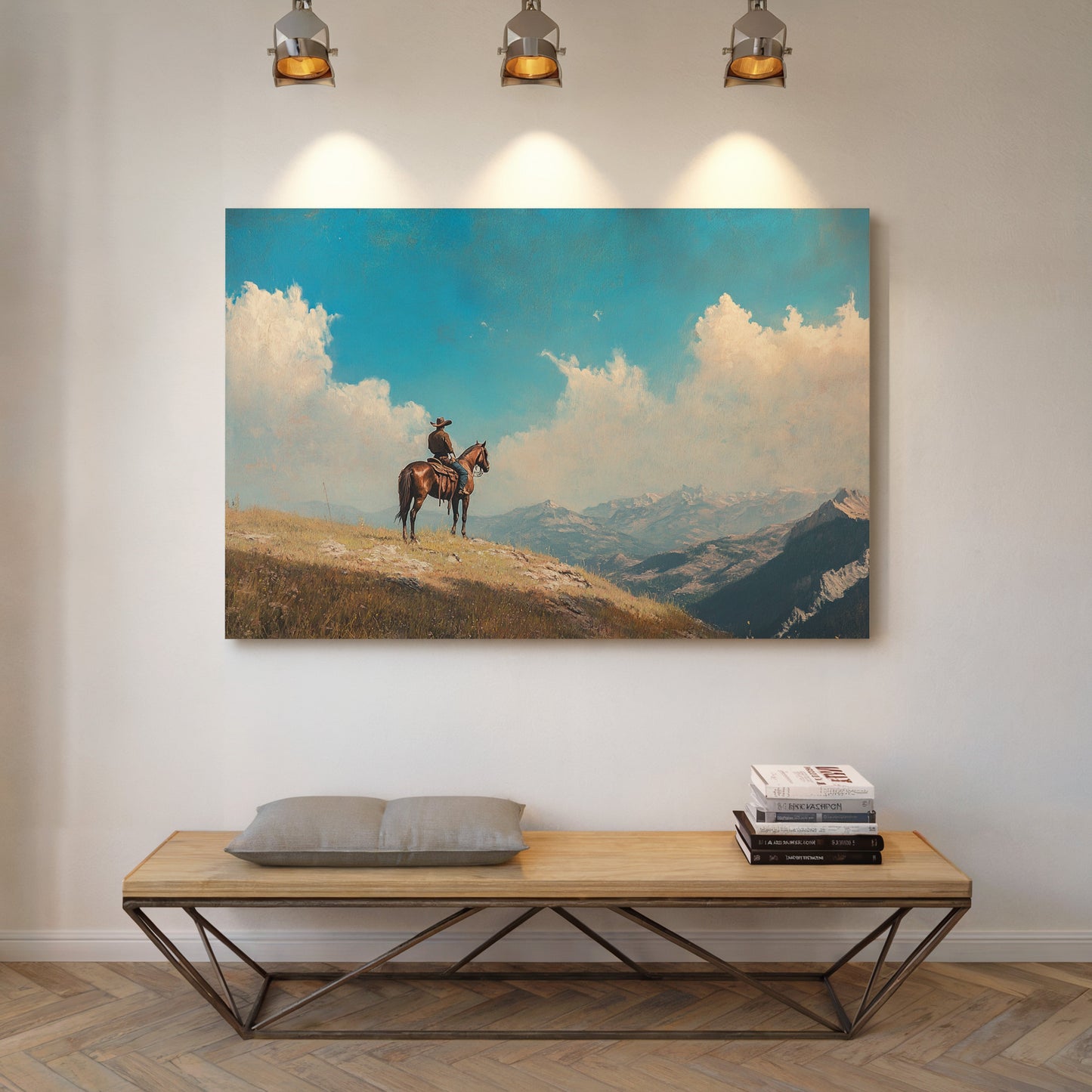 Lone Cowboy on Horseback Western Mountain Print