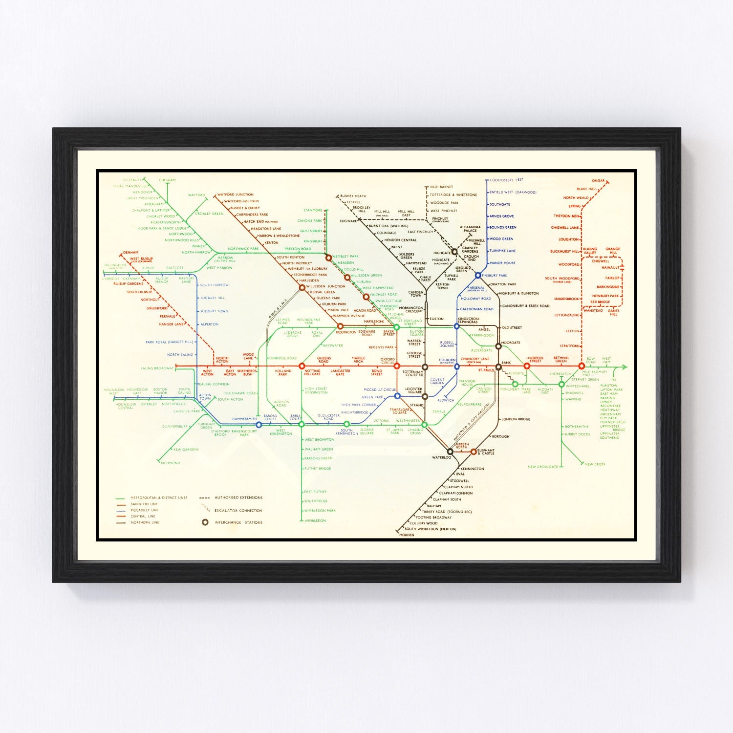 Vintage 1938 railroad map of London showing mainline rail network pre-WWII, restored print