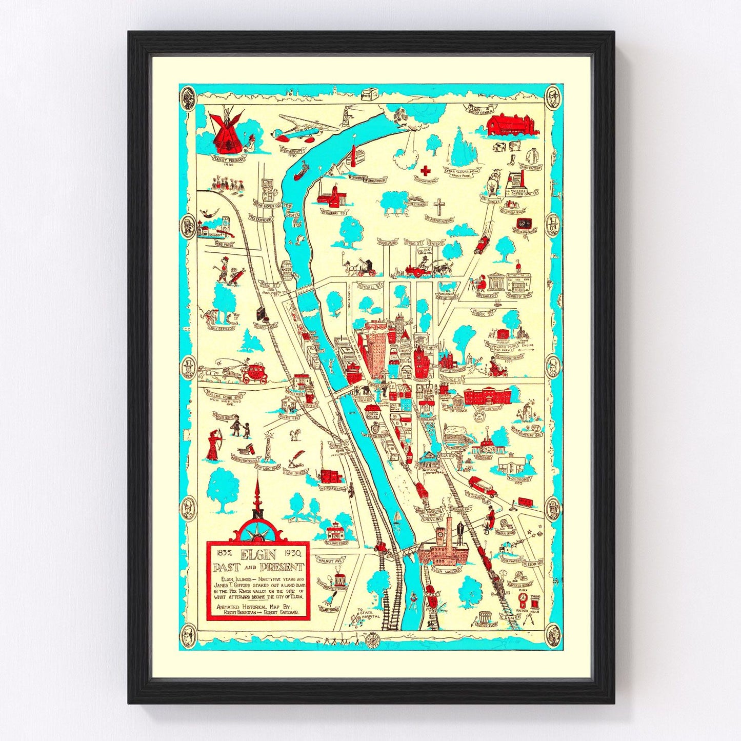 Vintage restored map of Elgin, Illinois, 1930, Fox River city interwar cartography