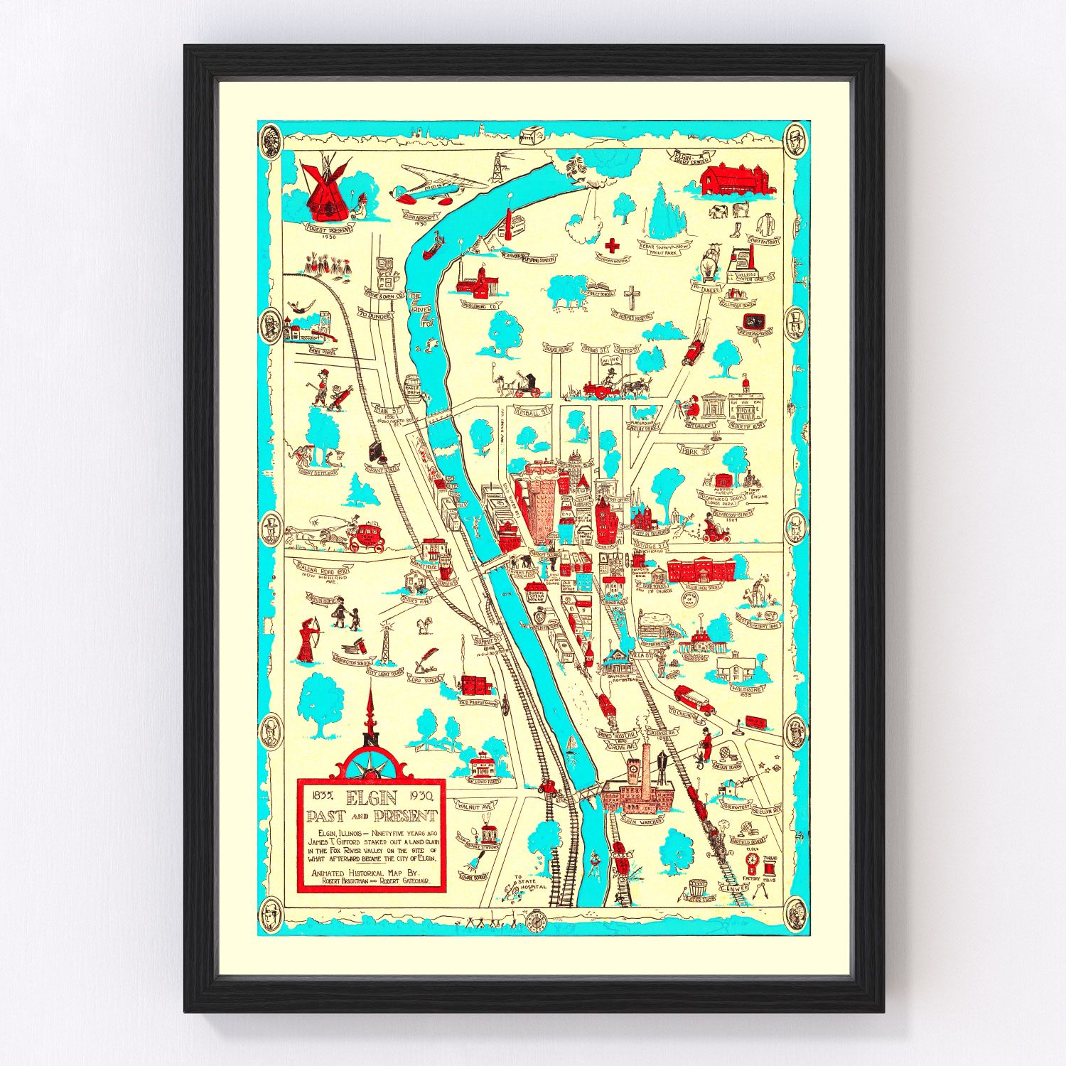 Vintage restored map of Elgin, Illinois, 1930, Fox River city interwar cartography