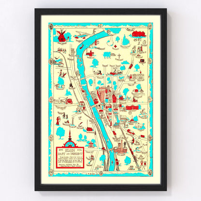 Vintage restored map of Elgin, Illinois, 1930, Fox River city interwar cartography