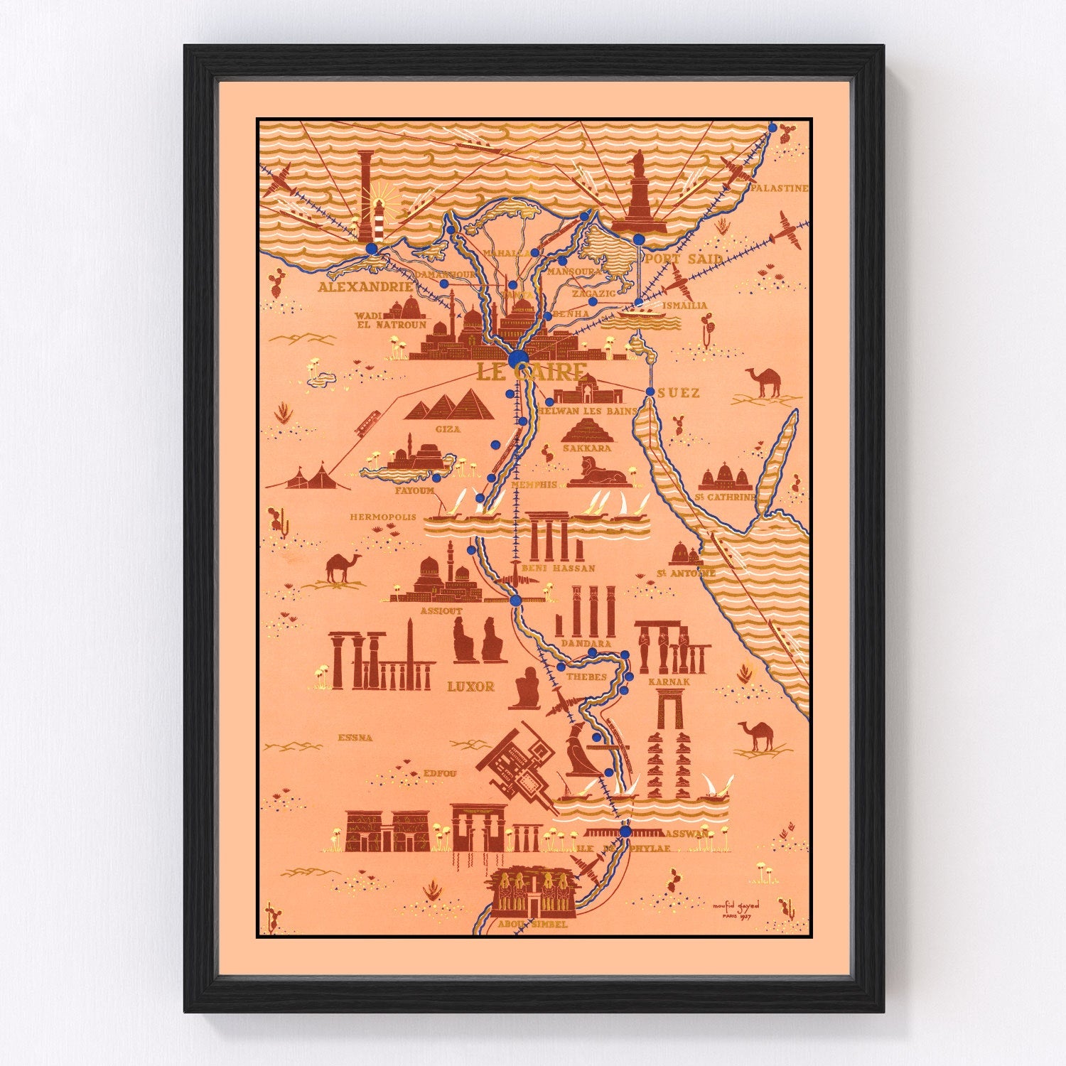 Vintage restored map of Egypt, 1937, Nile Valley and North Africa interwar cartography