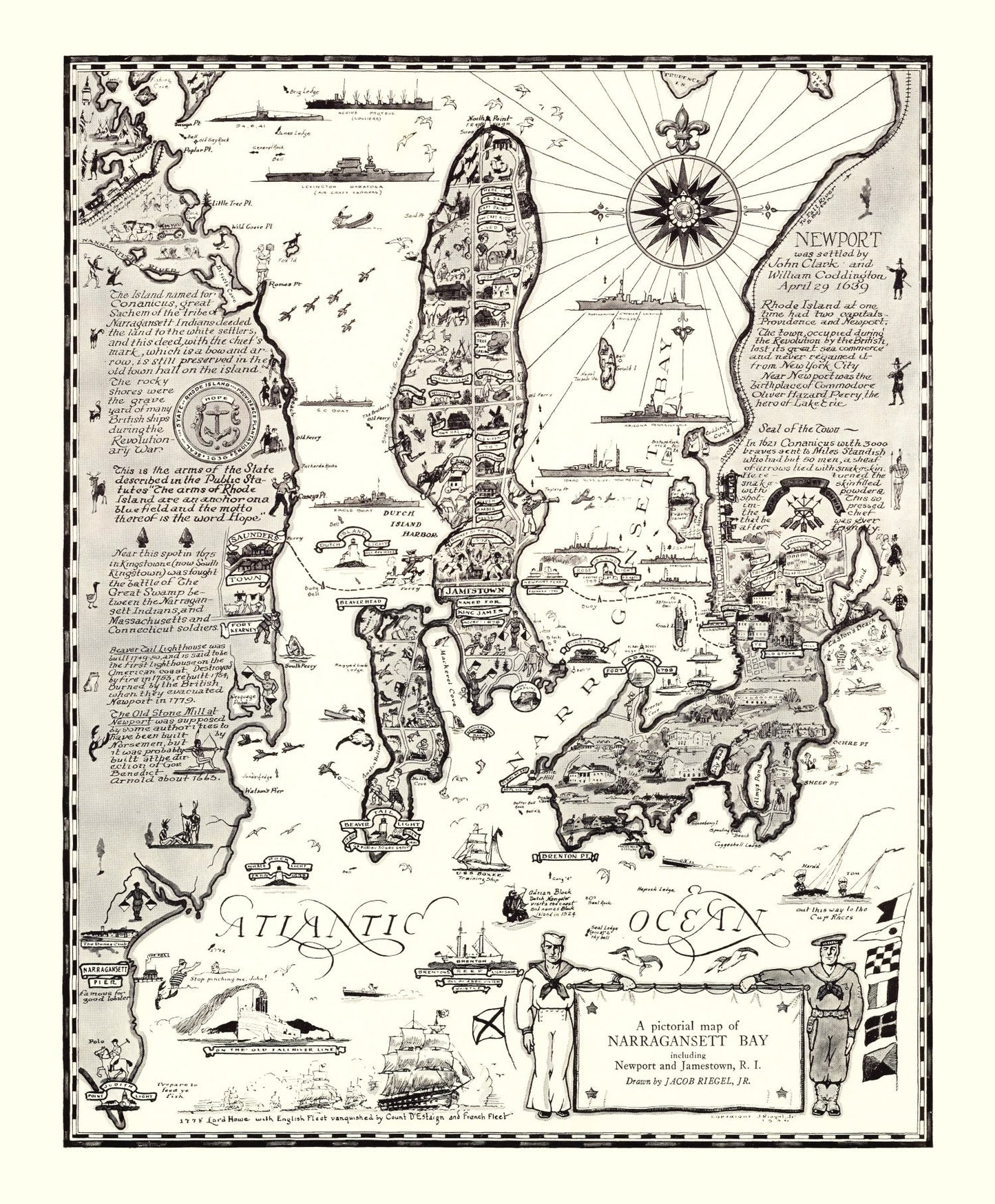 Vintage Map of Narragansett Bay, Rhode Island, 1932