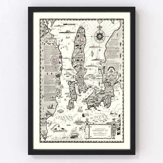Vintage map of Narragansett Bay, Rhode Island, 1932