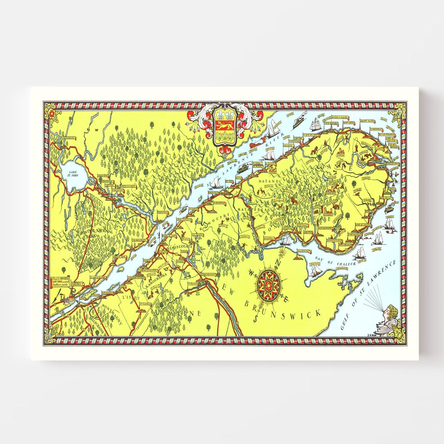 Vintage Map of Gaspe Peninsula, Canada, 1929