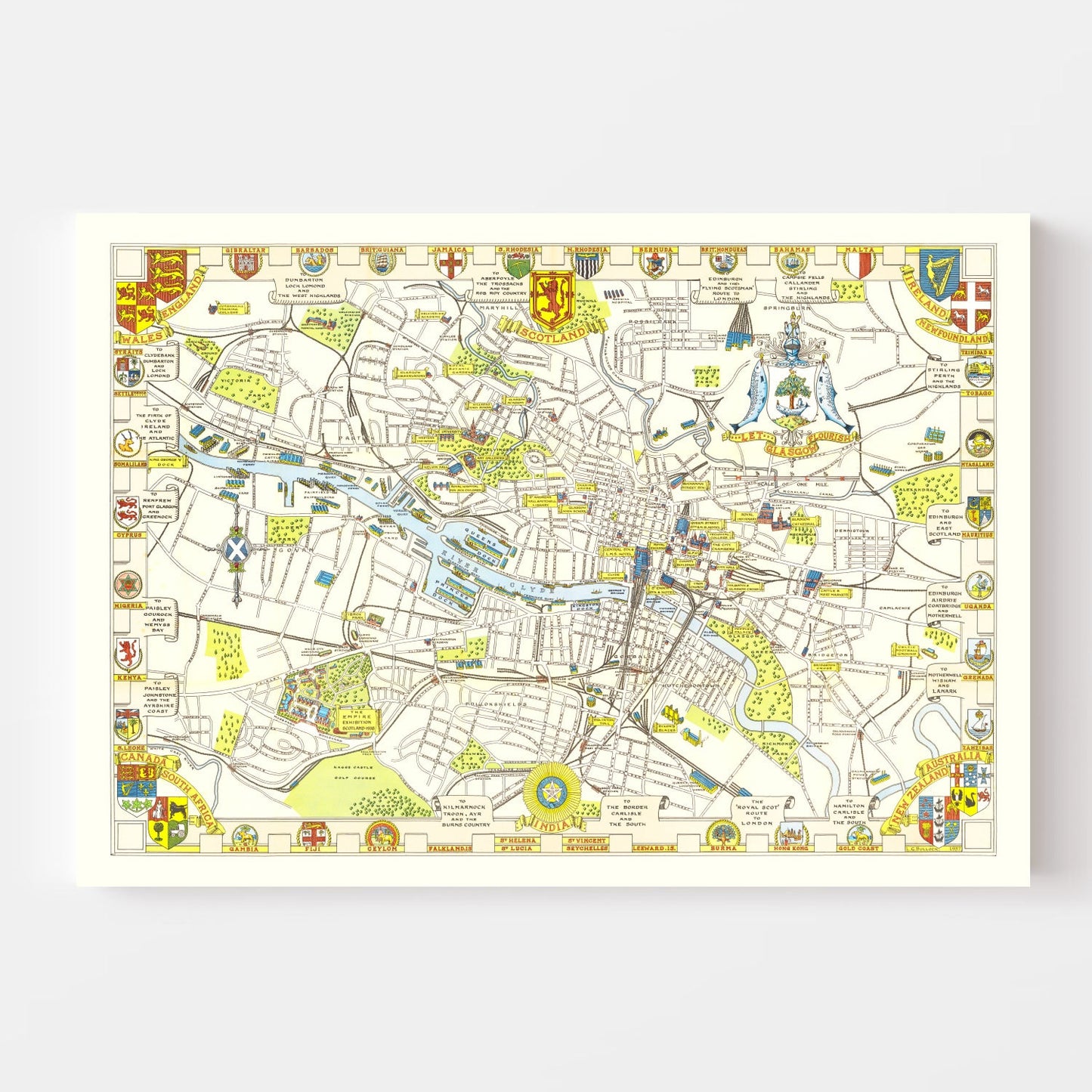 Vintage Map of Glasgow, Scotland, 1938