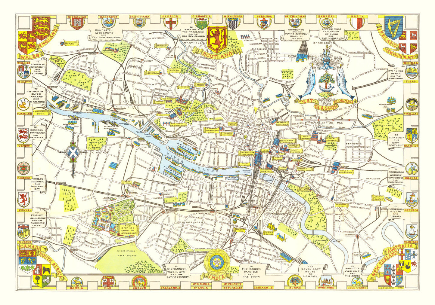 Vintage Map of Glasgow, Scotland, 1938