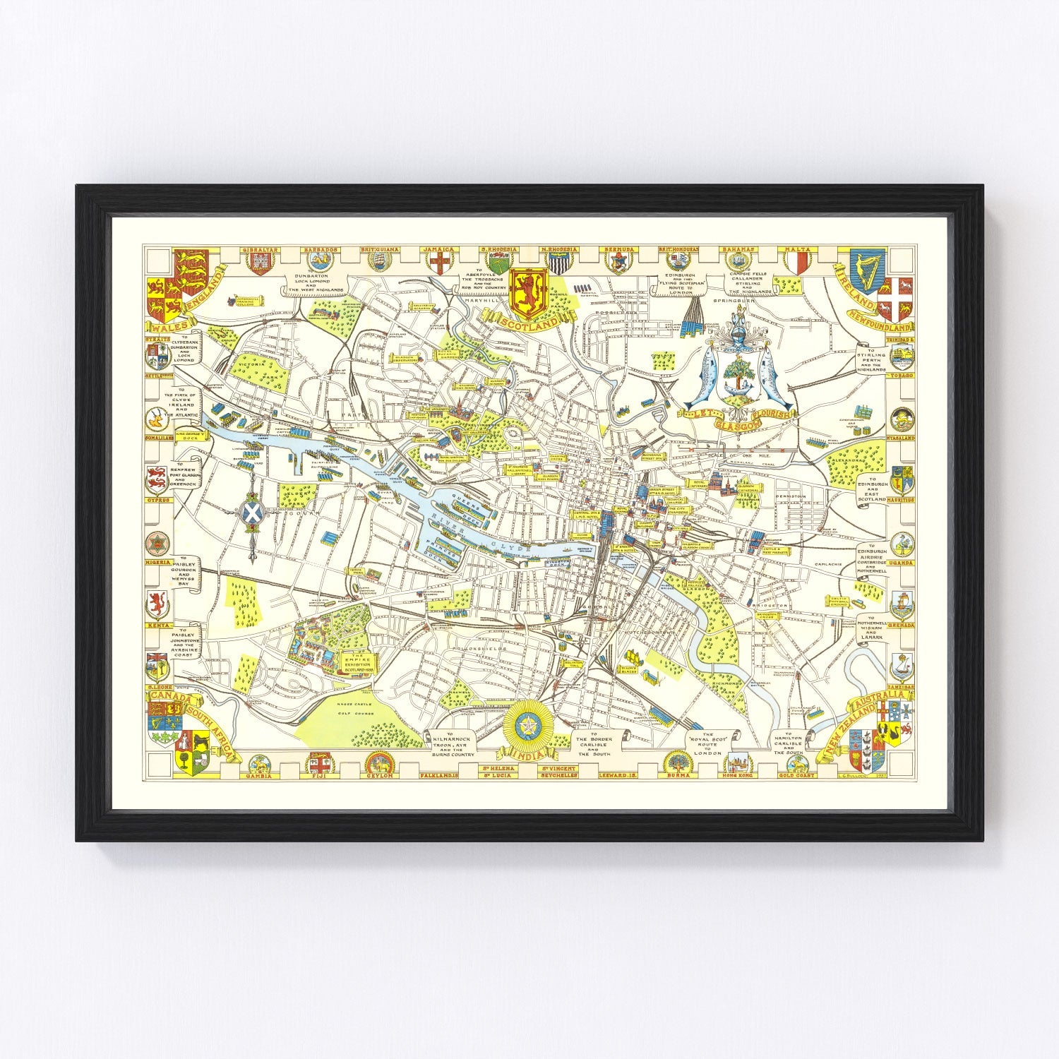 Vintage map of Glasgow, Scotland, 1938