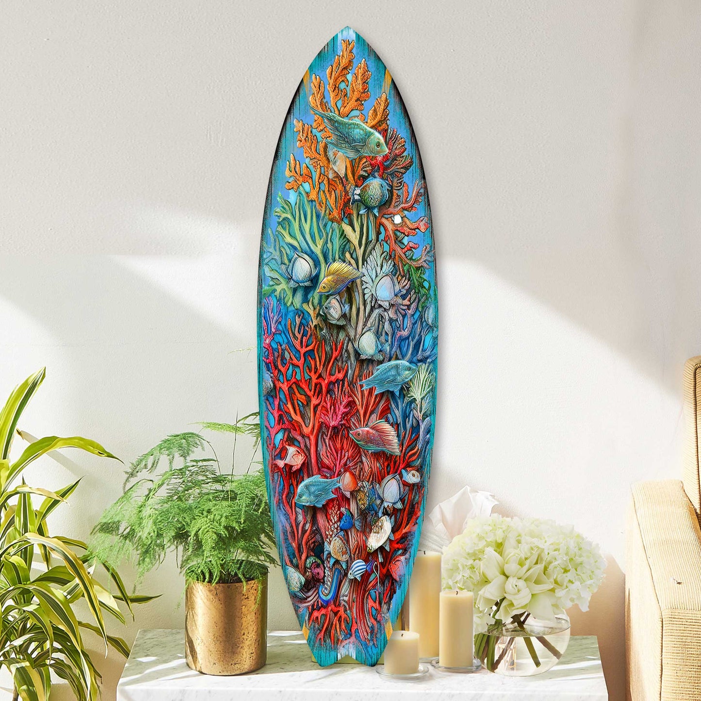 Handcrafted wood underwater scene surfboard coastal wall art