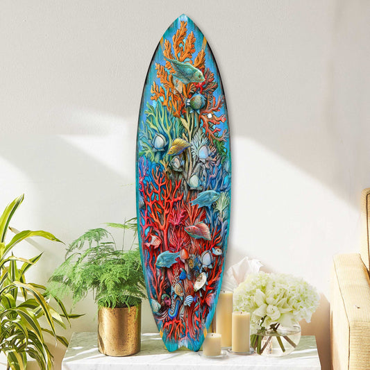 Handcrafted wood underwater scene surfboard coastal wall art