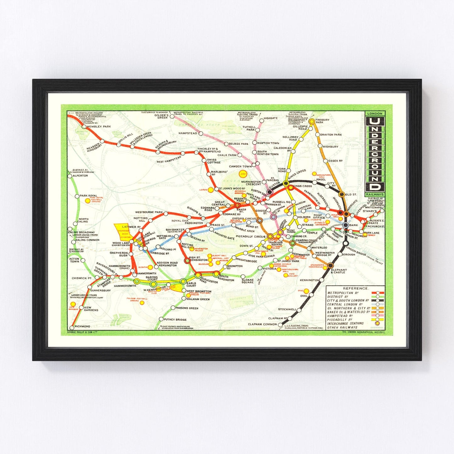 Vintage 1912 Edwardian railroad map of London showing rail network, restored print