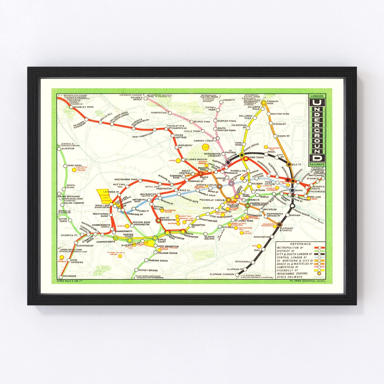 Vintage 1912 Edwardian railroad map of London showing rail network, restored print