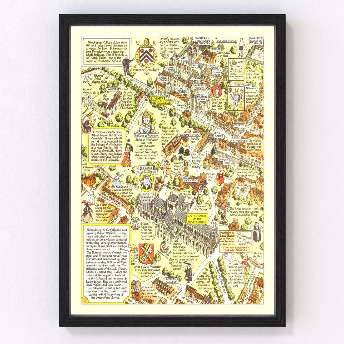 Vintage map of Winchester, England, 1948, cathedral city restored
