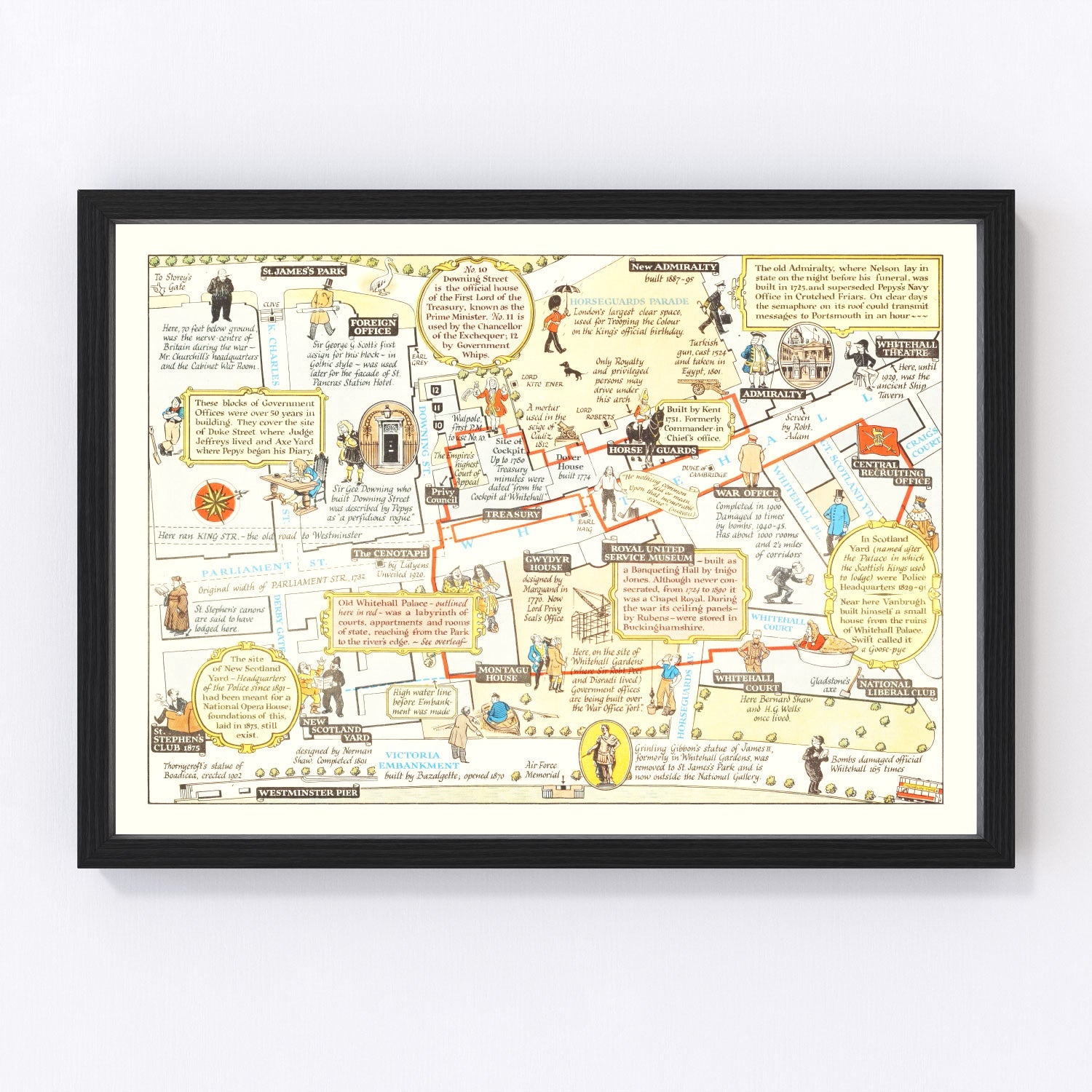 Vintage map of Whitehall, Westminster, London, 1948 - restored cartographic print