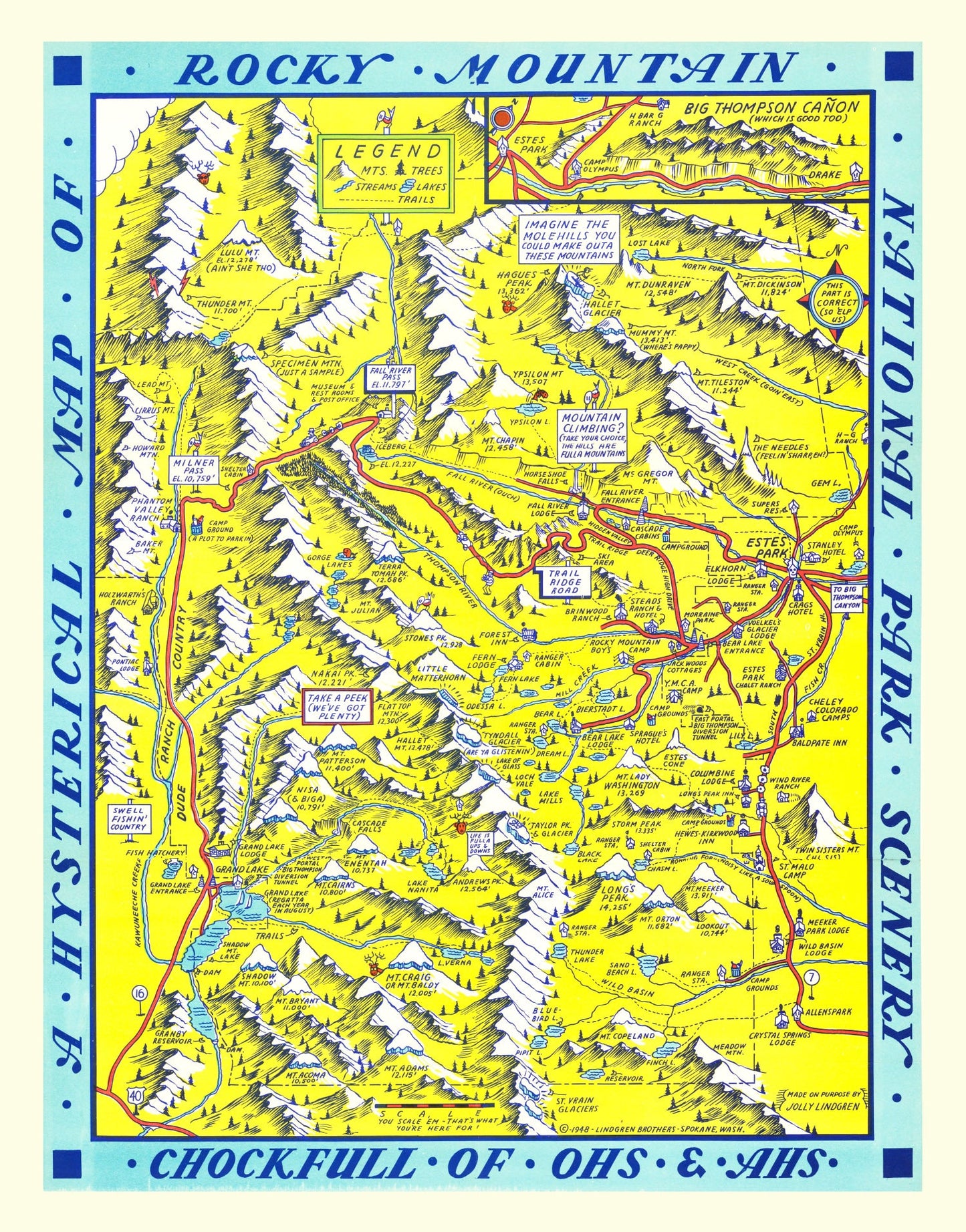 Vintage Map of Rocky Mountain National Park, Colorado, 1948