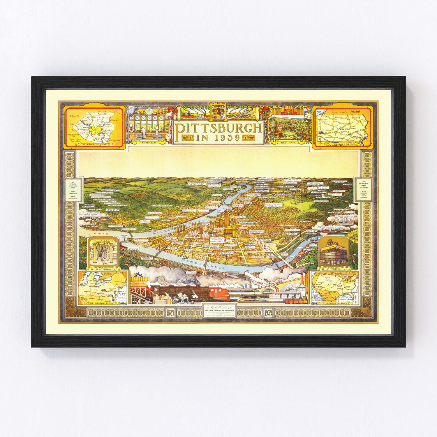 vintage map of Pittsburgh, Pennsylvania, 1939