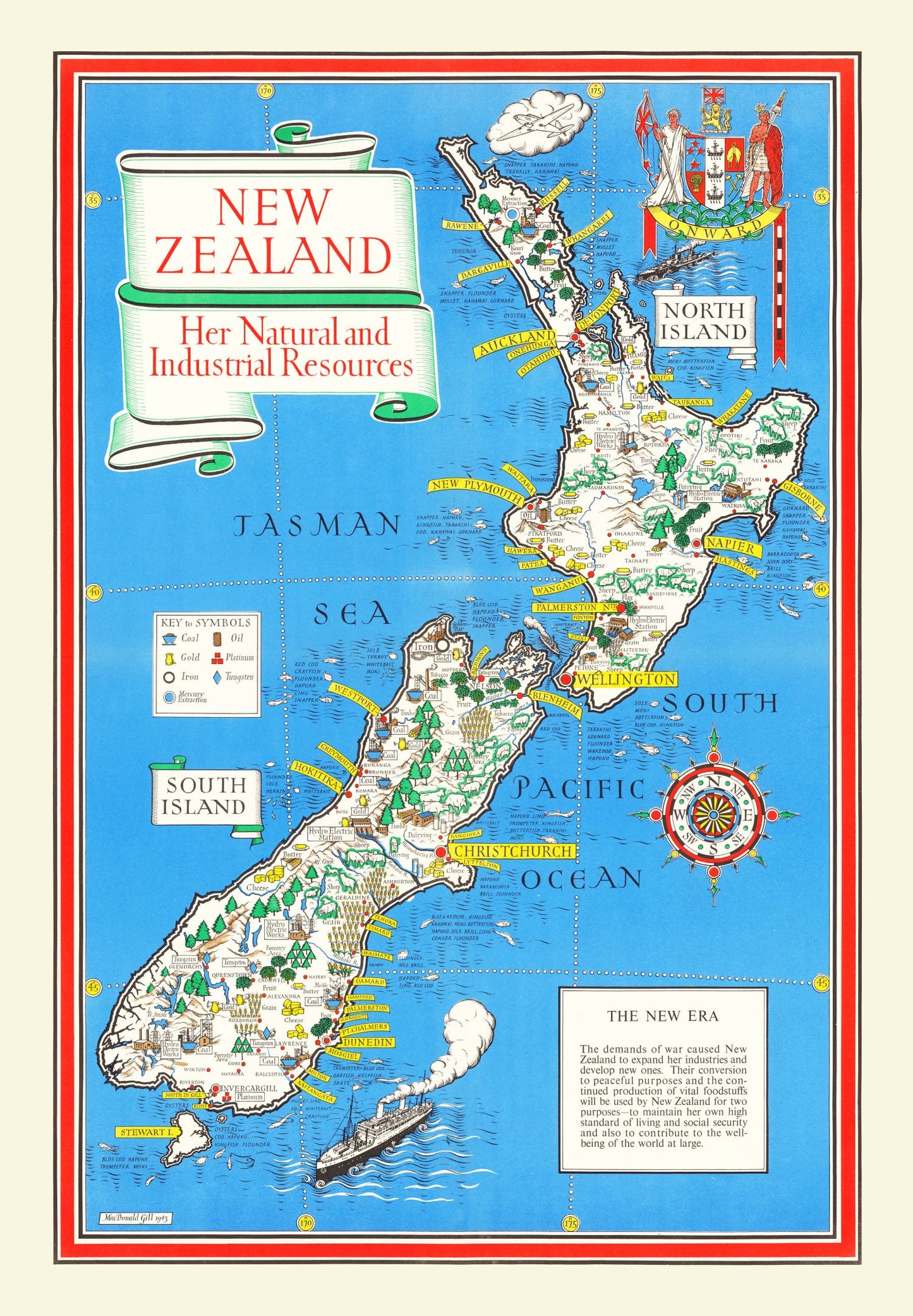 Vintage Map of New Zealand, 1943