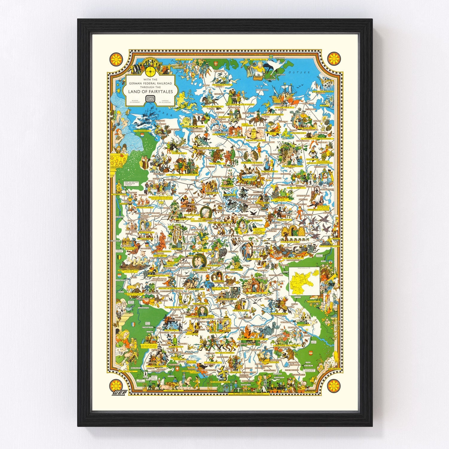 Vintage fairy tale illustrated map of Germany, 1960