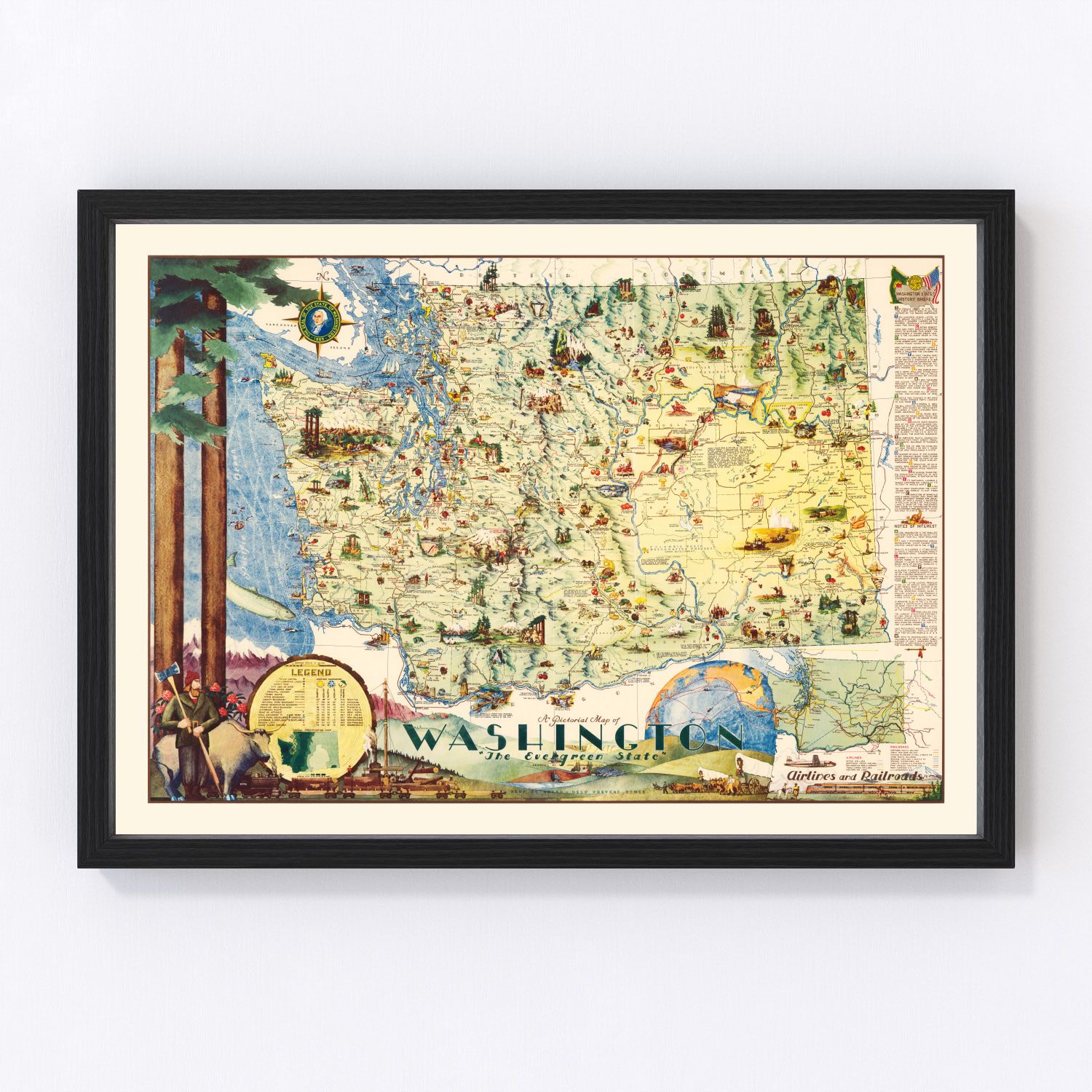Vintage map of Washington State, 1948, showing Cascade peaks and Puget Sound shoreline
