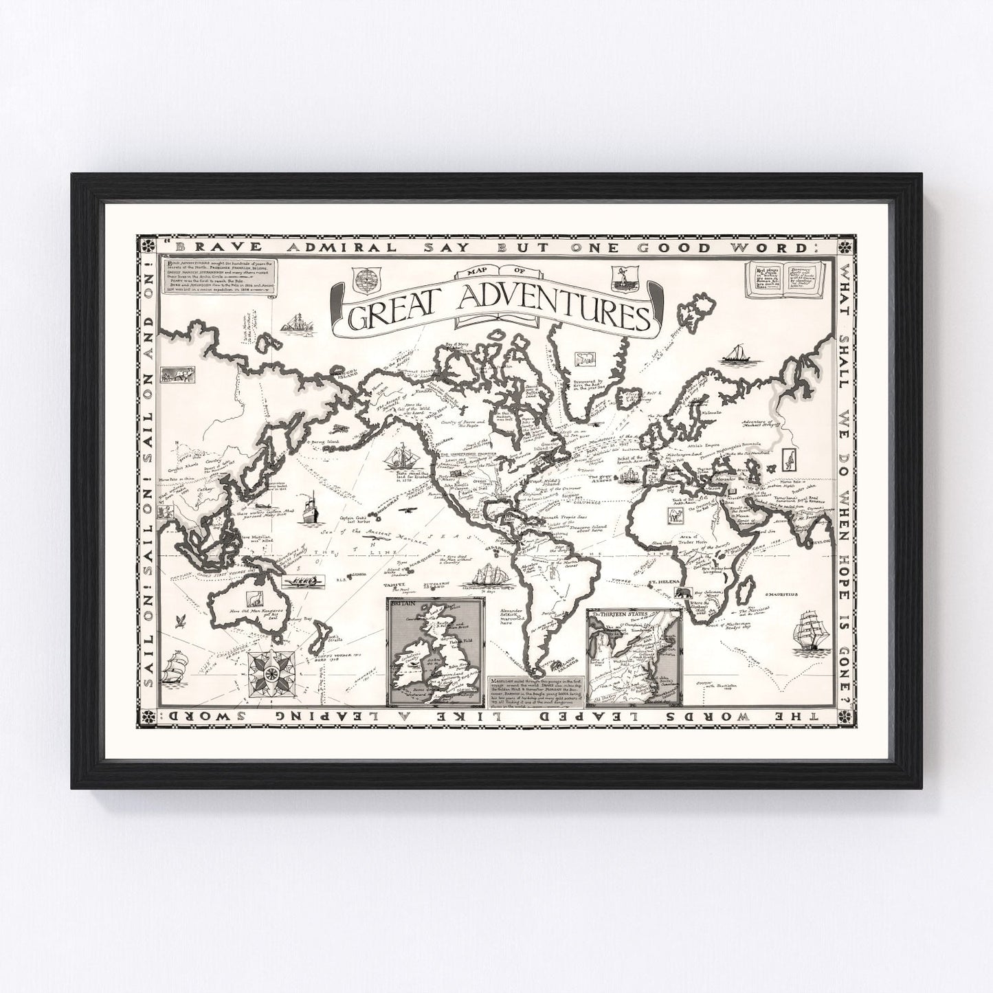 Vintage 1928 world map of great adventures with expedition routes, restored print