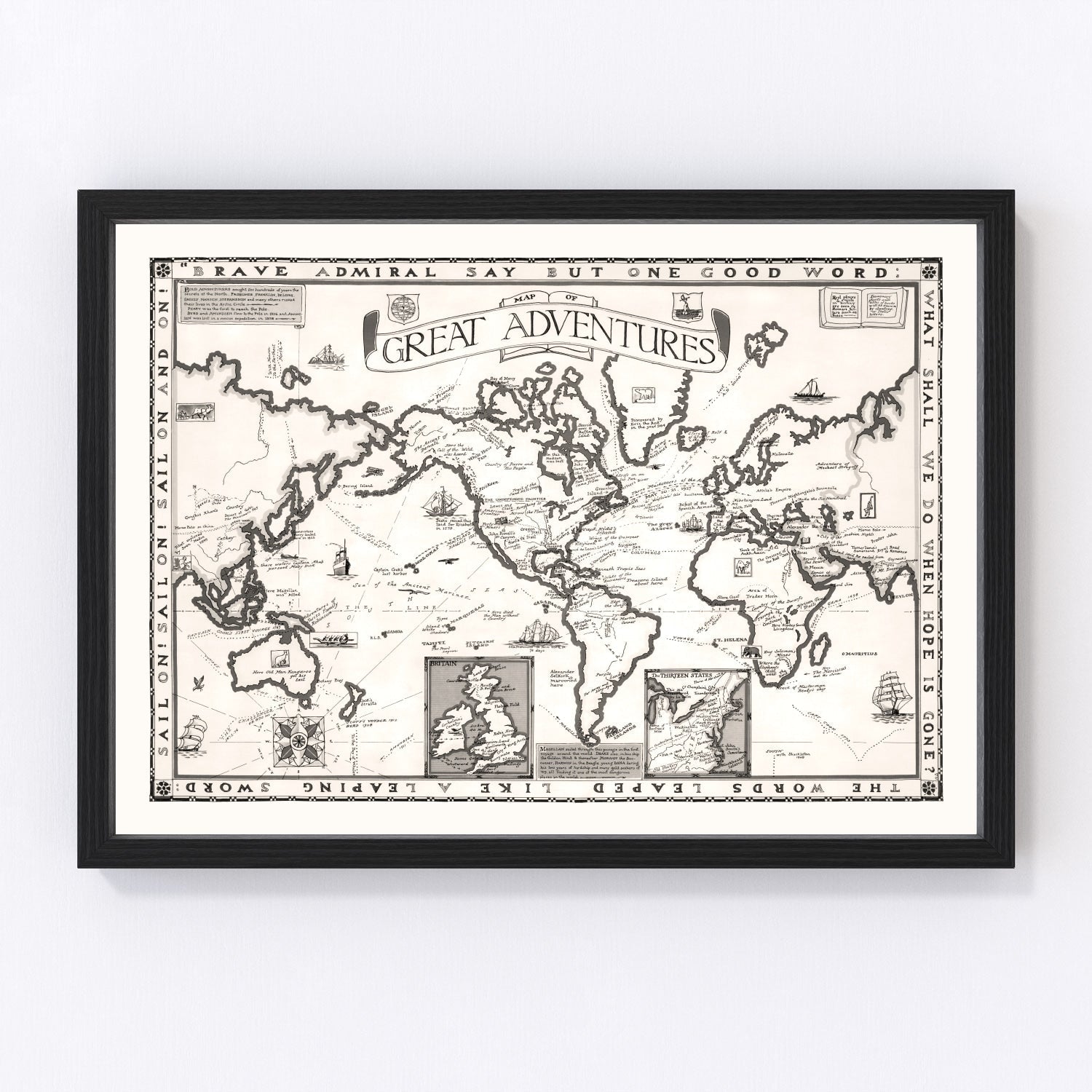 Vintage 1928 world map of great adventures with expedition routes, restored print
