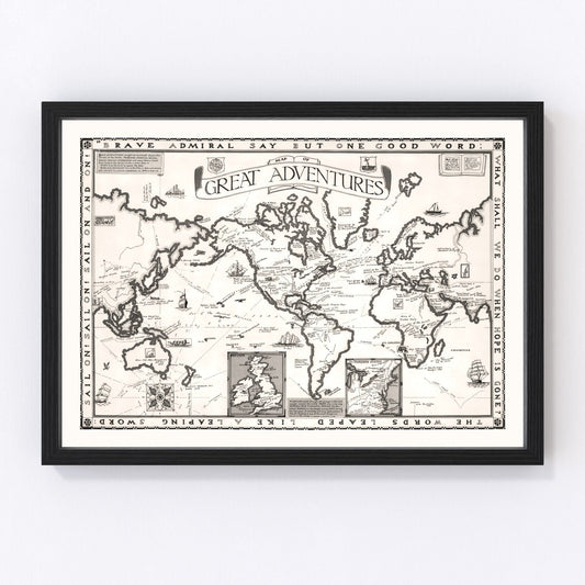 Vintage 1928 world map of great adventures with expedition routes, restored print