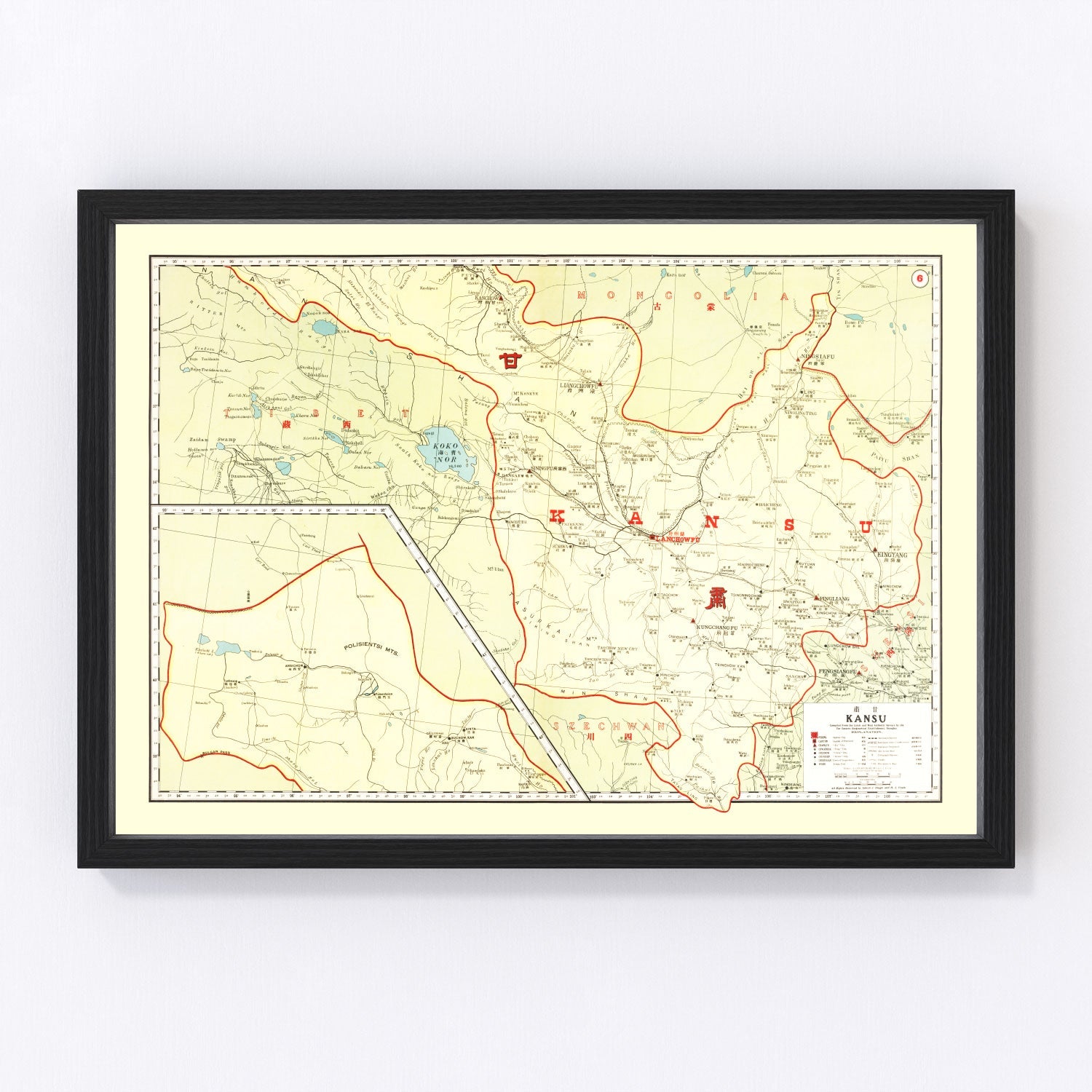 Vintage map of Kansu (Gansu), China, 1917