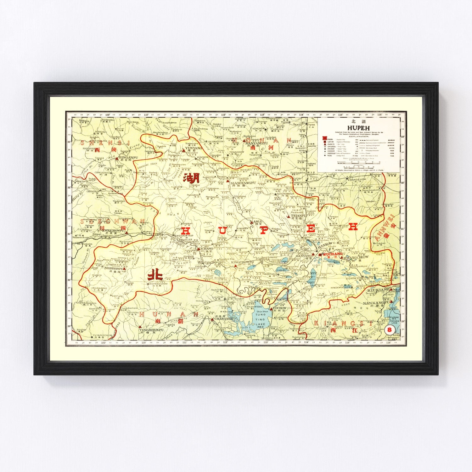 vintage map of Hupeh (Hubei), China, 1917