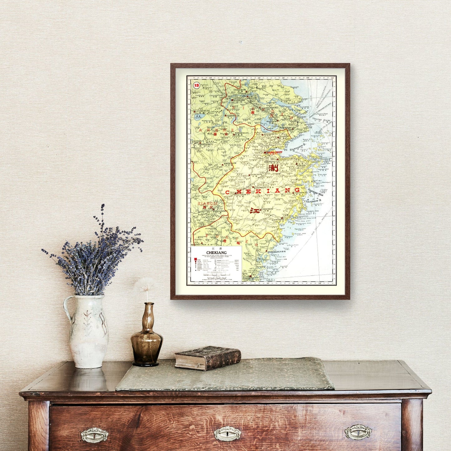 Vintage Map of Chekiang Province, China, 1917