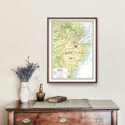 Vintage Map of Chekiang Province, China, 1917