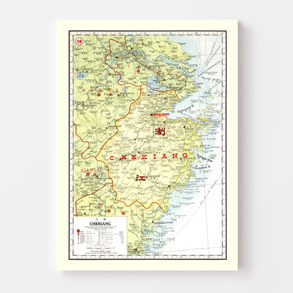 Vintage Map of Chekiang Province, China, 1917