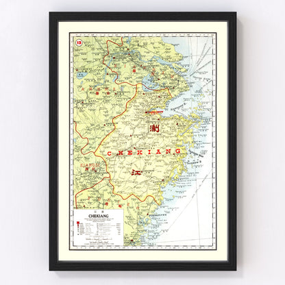 Vintage map of Chekiang Province, China, 1917, digitally restored print