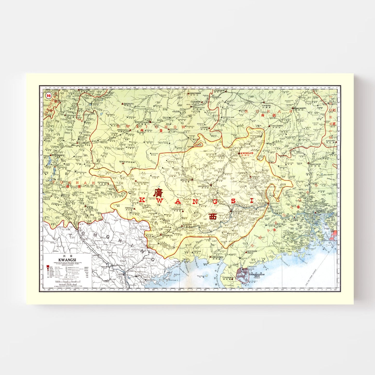 Vintage Map of Kwangsi, China, 1917