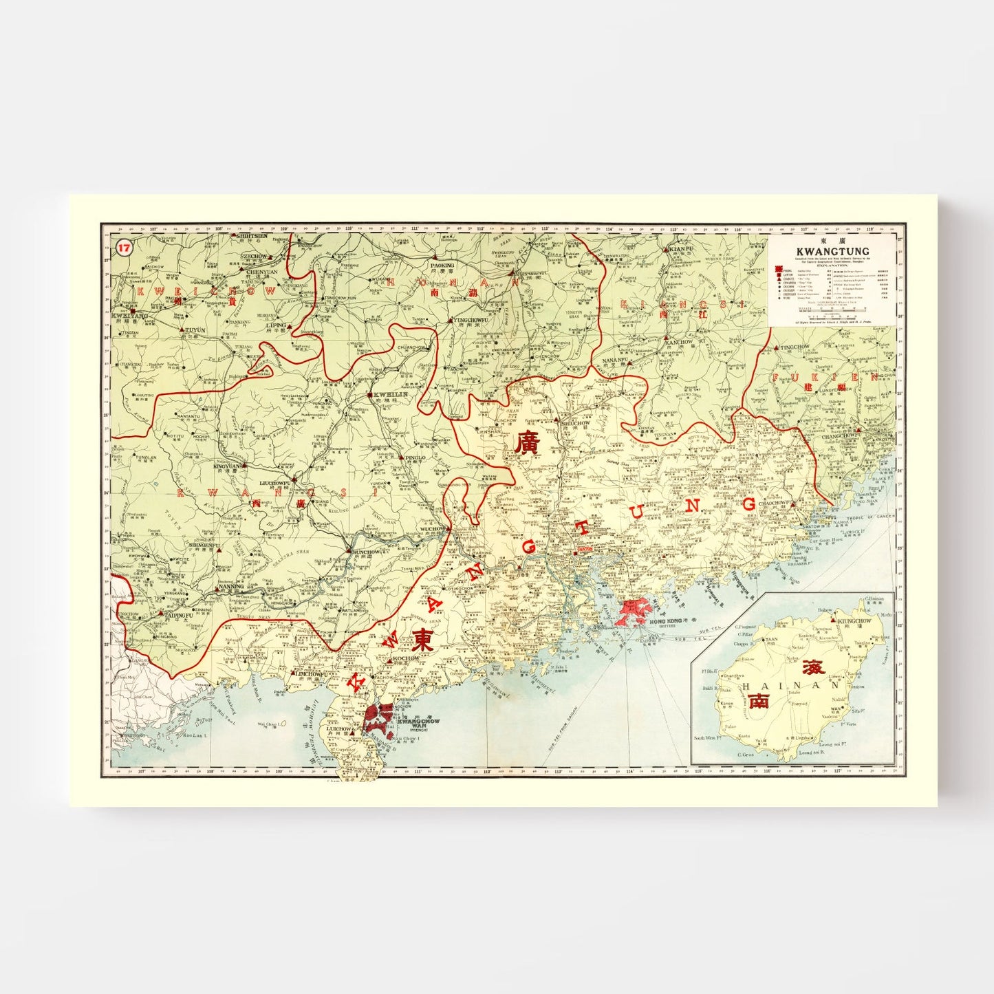 Vintage Map of Kwangtung, China, 1917
