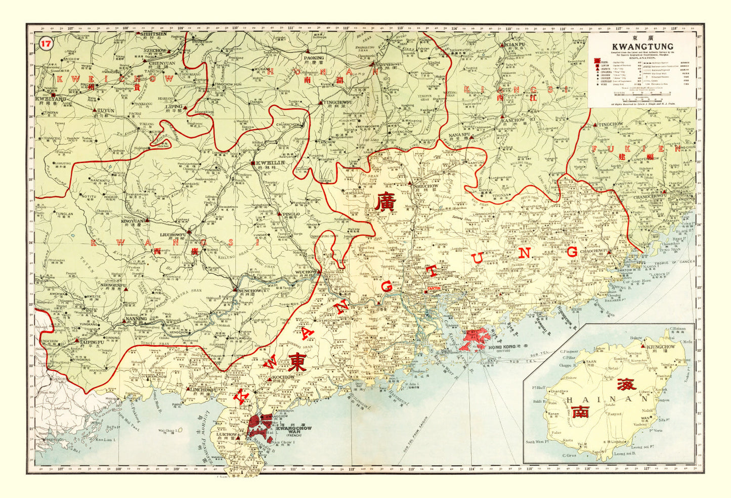 Vintage Map of Kwangtung, China, 1917