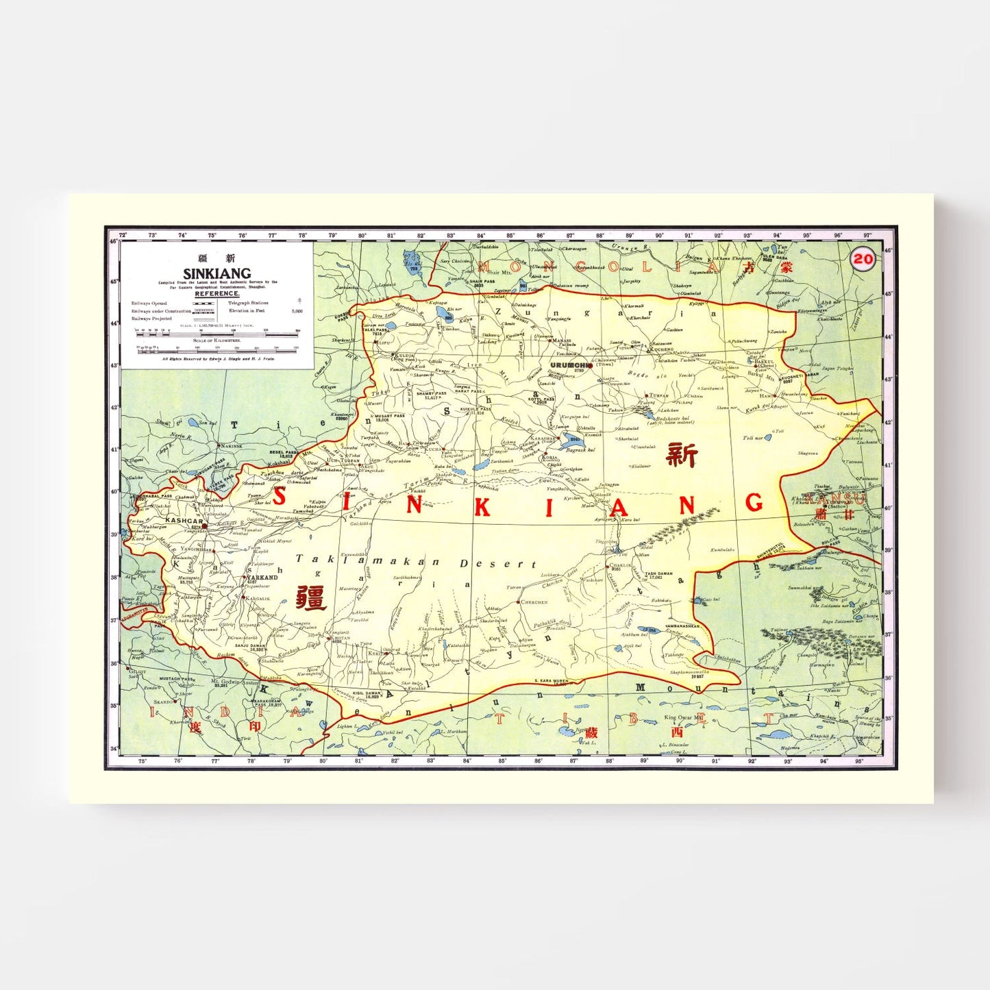 Vintage Map of Sinkiang, China, 1917
