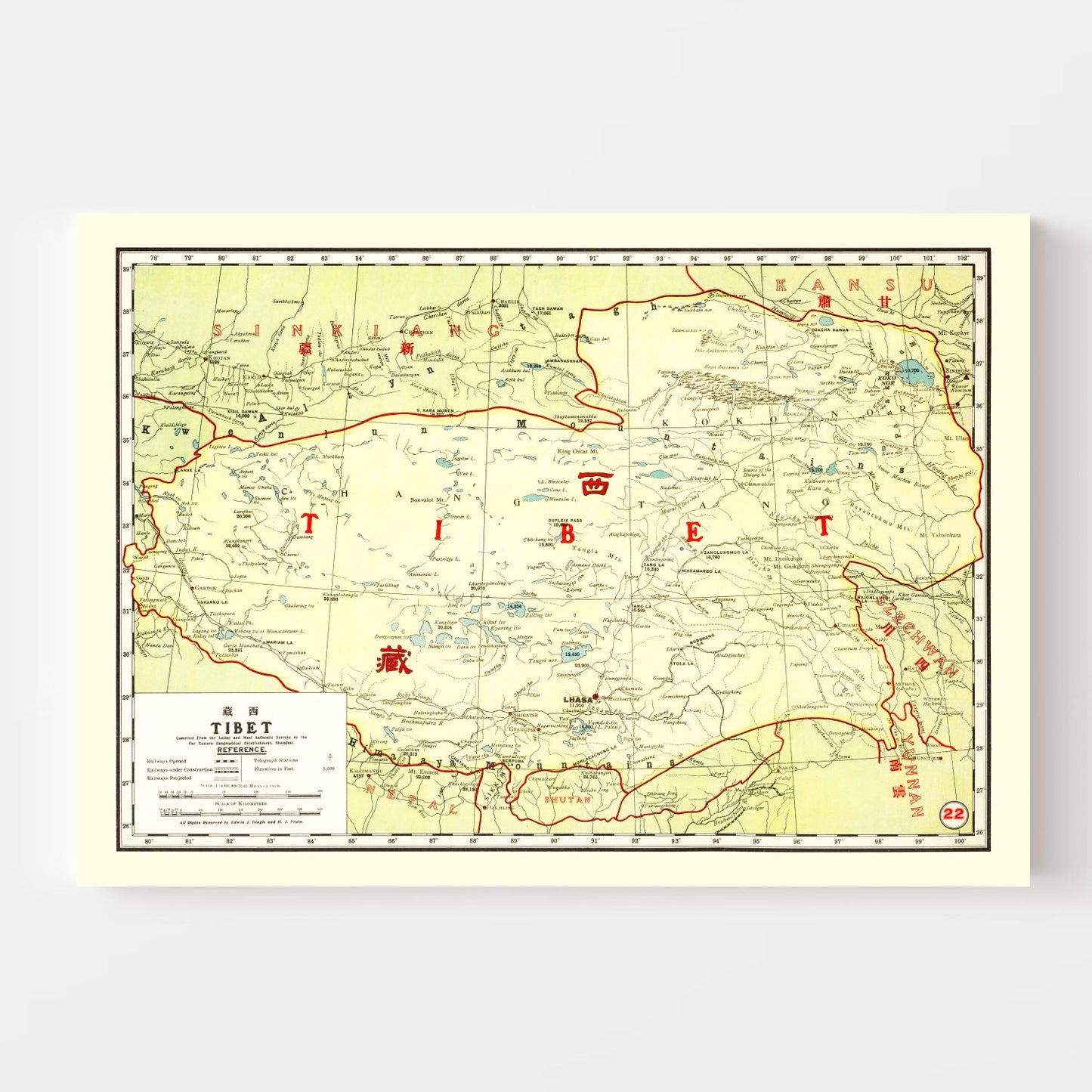 Vintage Map of Tibet, China, 1917