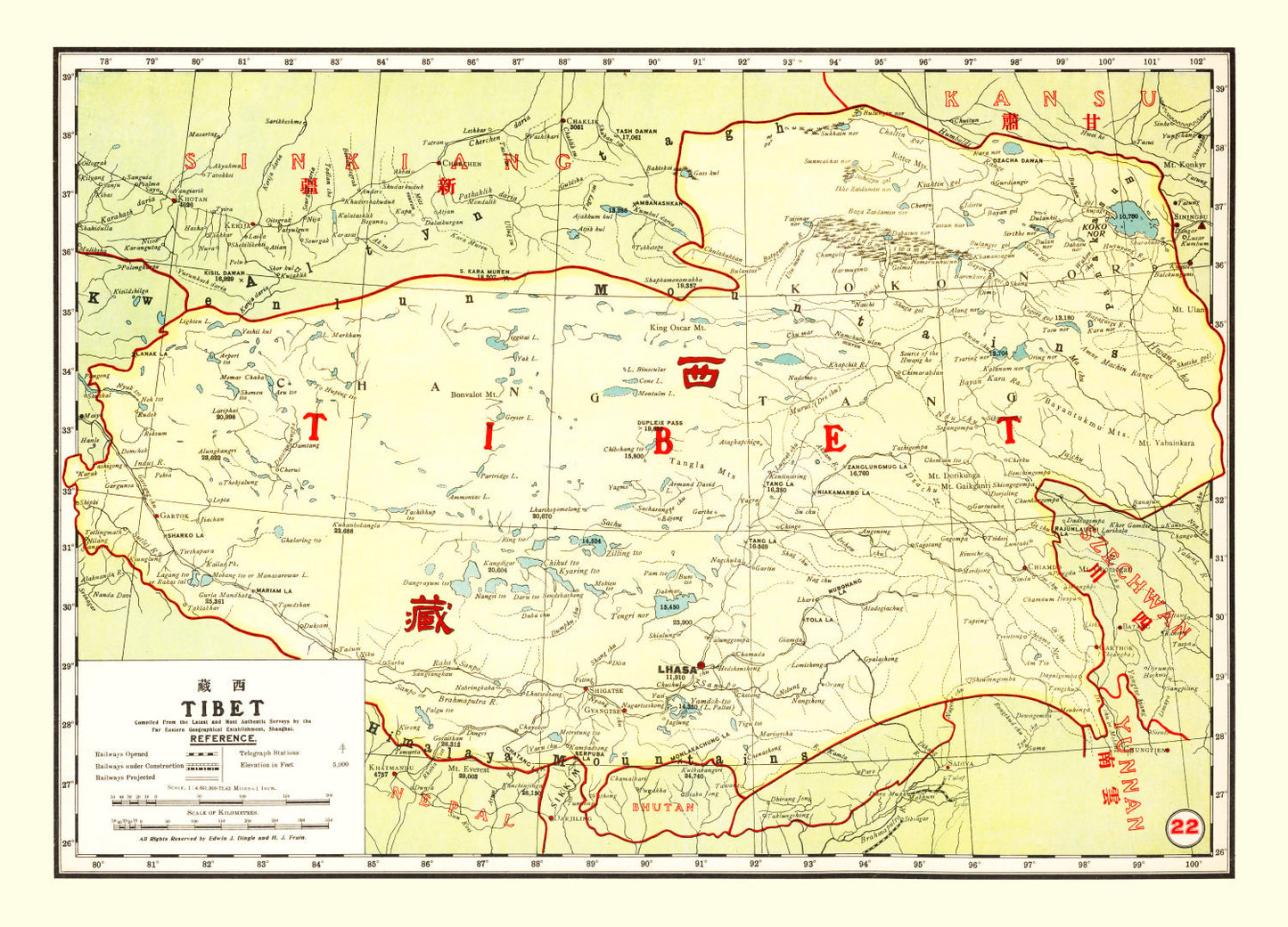 Vintage Map of Tibet, China, 1917