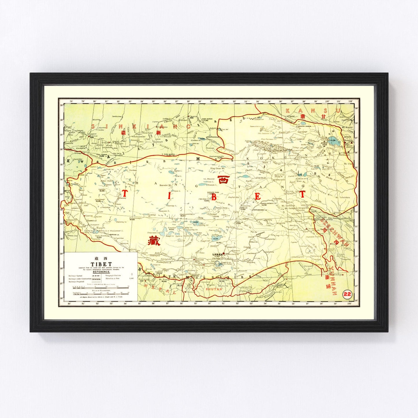 vintage map of Tibet, China, 1917
