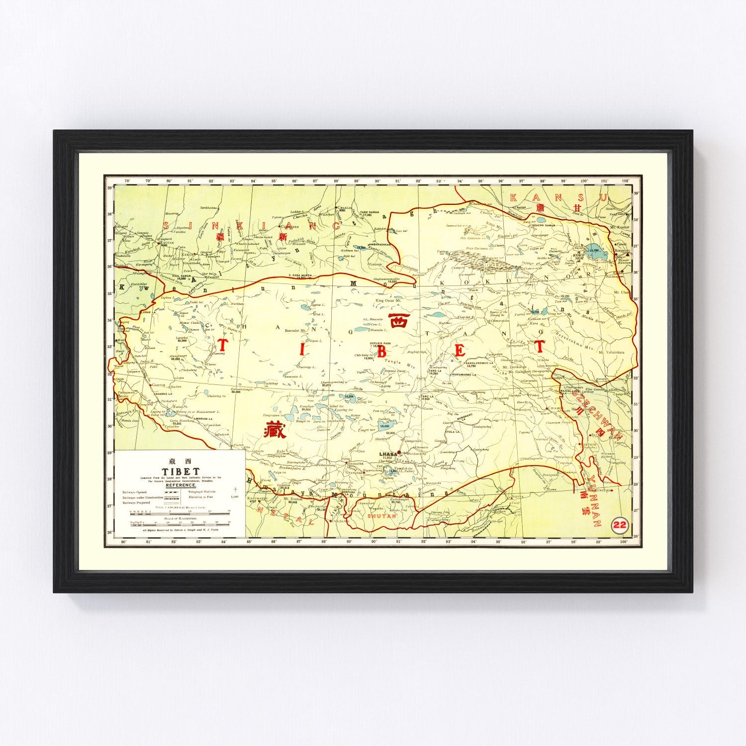 vintage map of Tibet, China, 1917