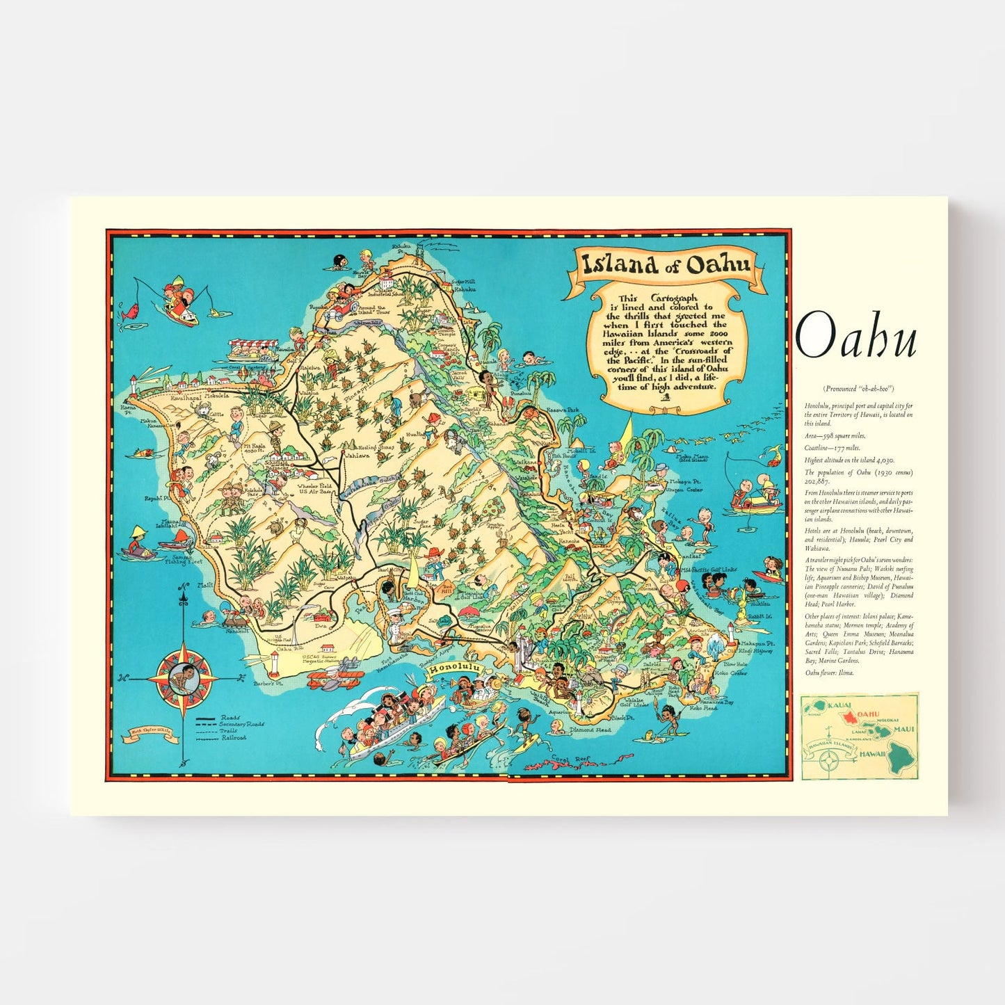 Vintage Map of Oahu, Hawaii, 1935