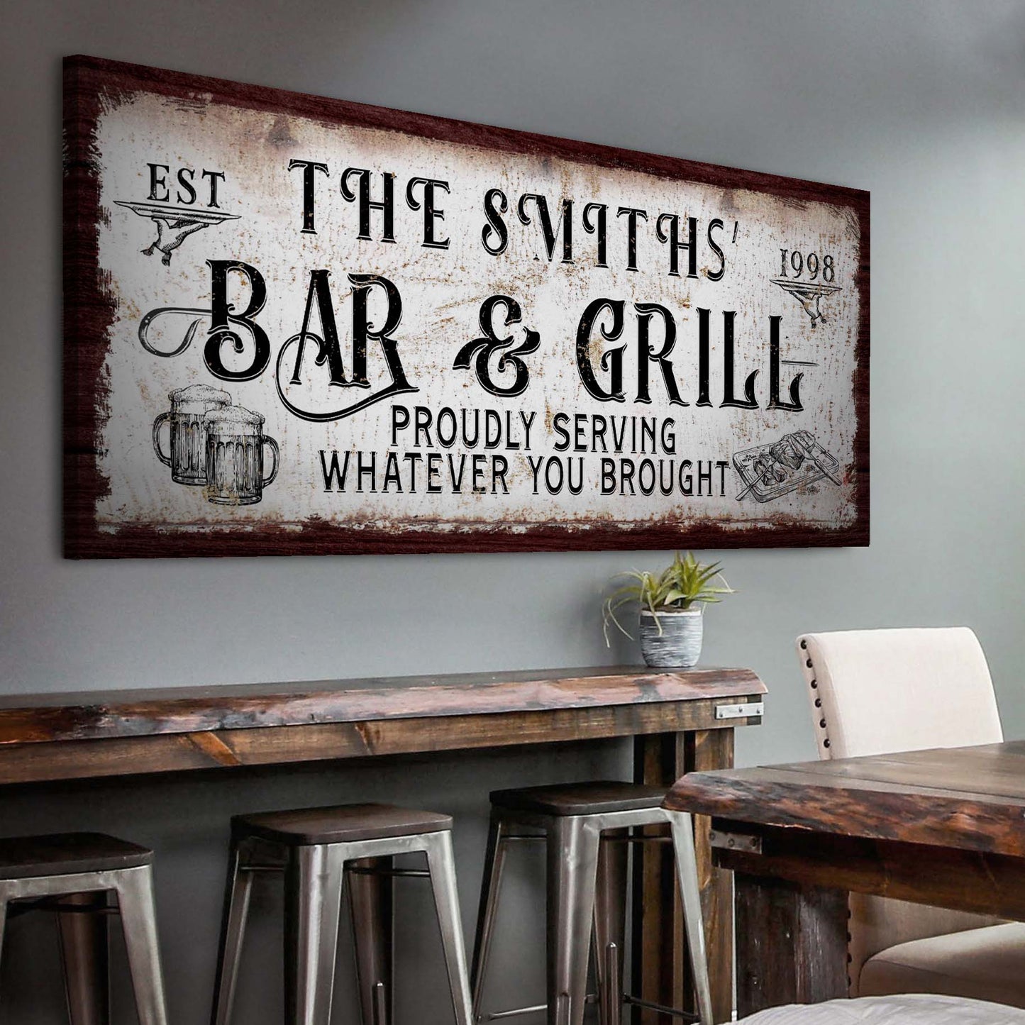 Personalized Bar and Grill canvas sign in vintage style
