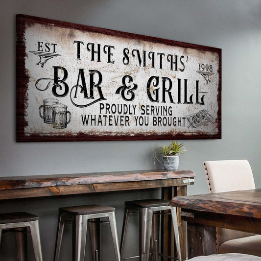 Personalized Bar and Grill canvas sign in vintage style