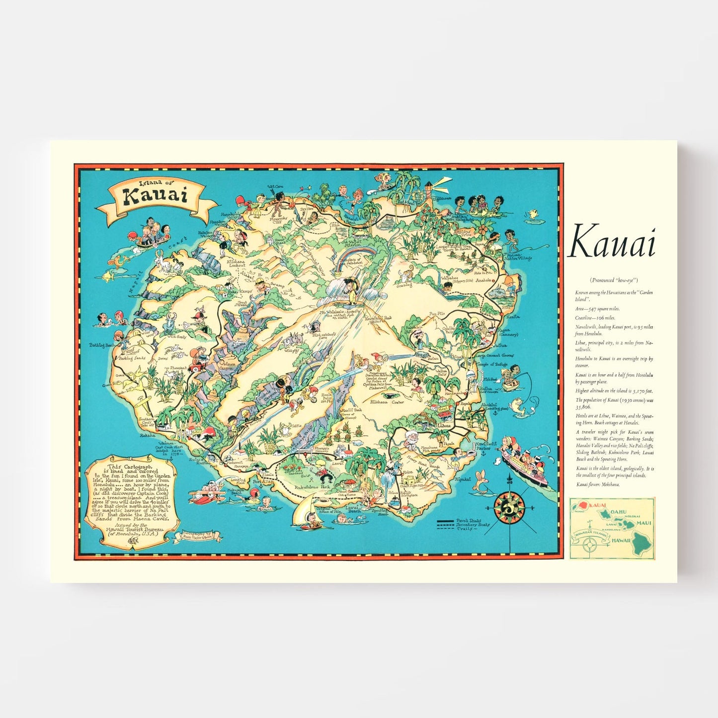 Vintage Map of Kauai, Hawaii, 1935