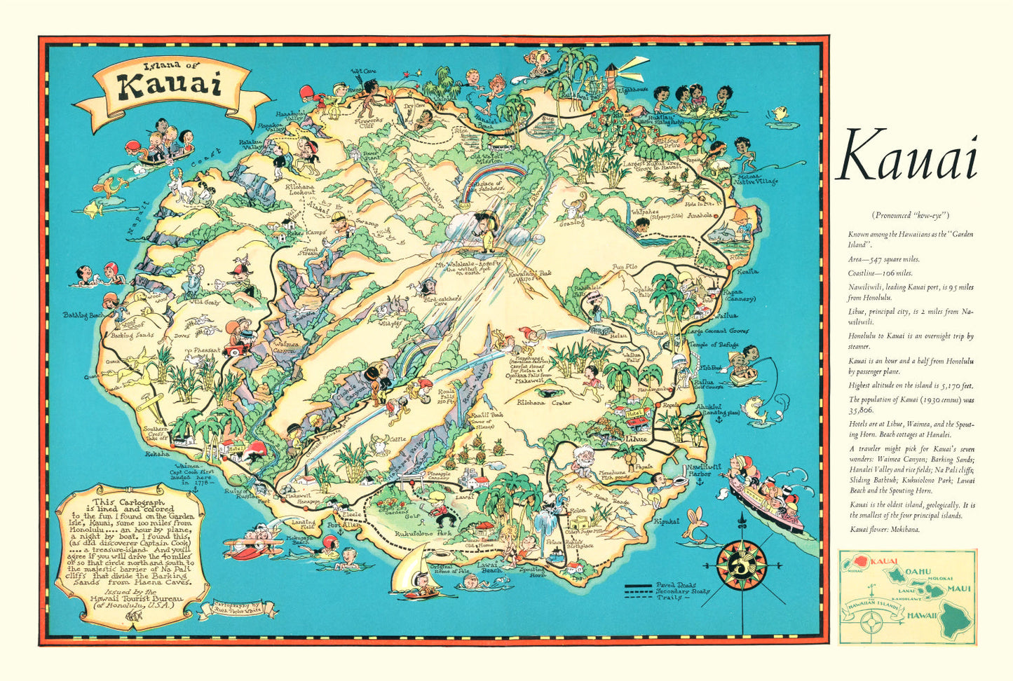 Vintage Map of Kauai, Hawaii, 1935