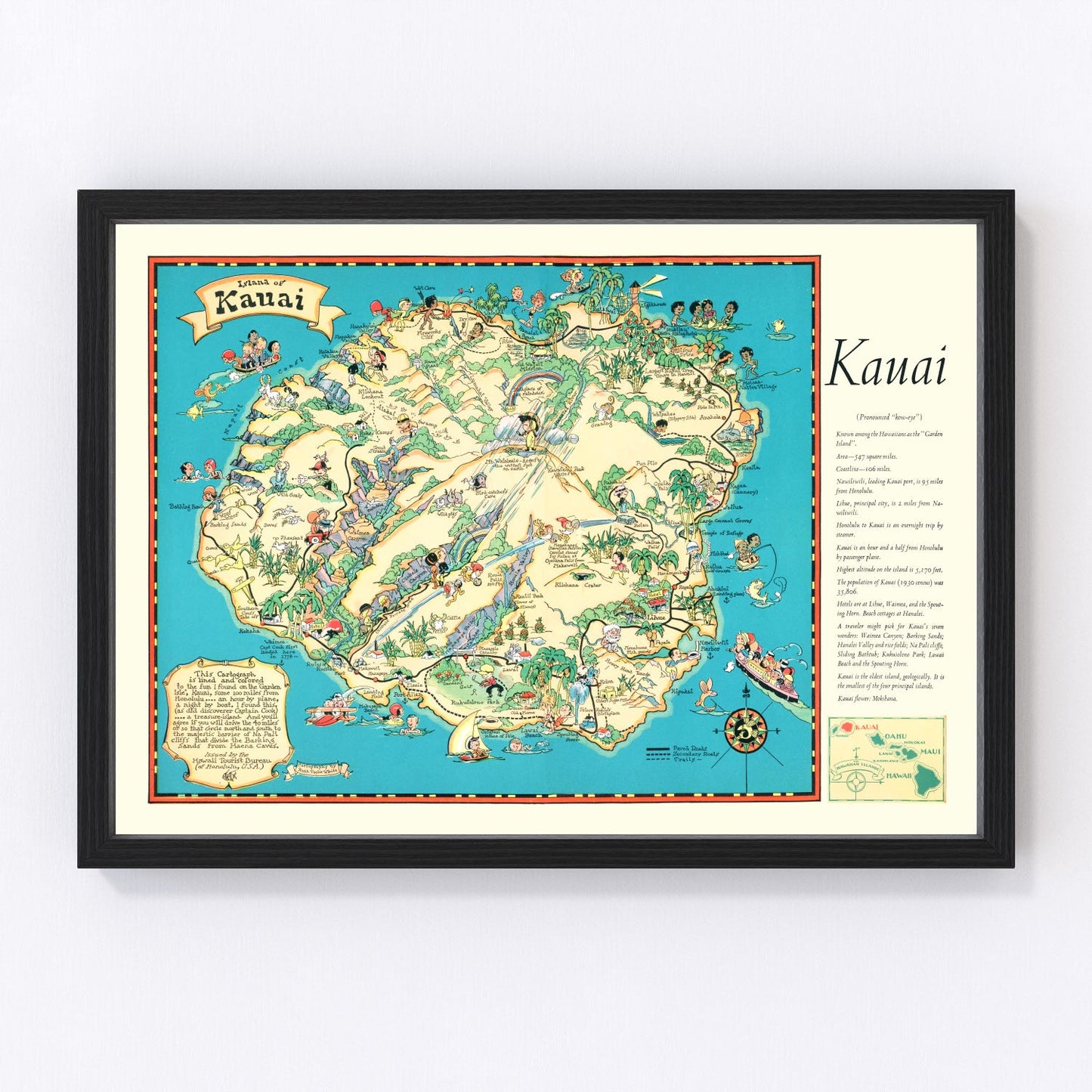 Vintage map of Kauai, Hawaii, 1935
