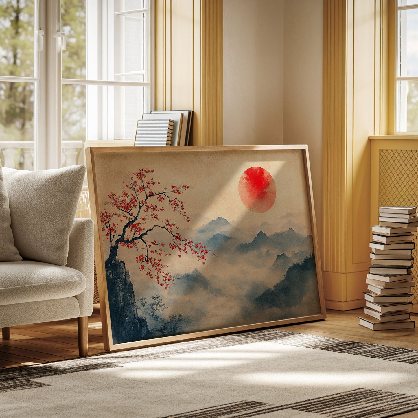Japanese Red Sun and Misty Mountain Wall Art Print